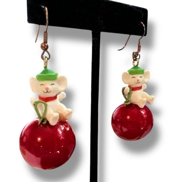 Vintage White Mouse on Cherry Dangle Earrings - Picture 4 of 8